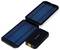 Portable solar charger with two unfolding blue solar panels connected to a black power bank.