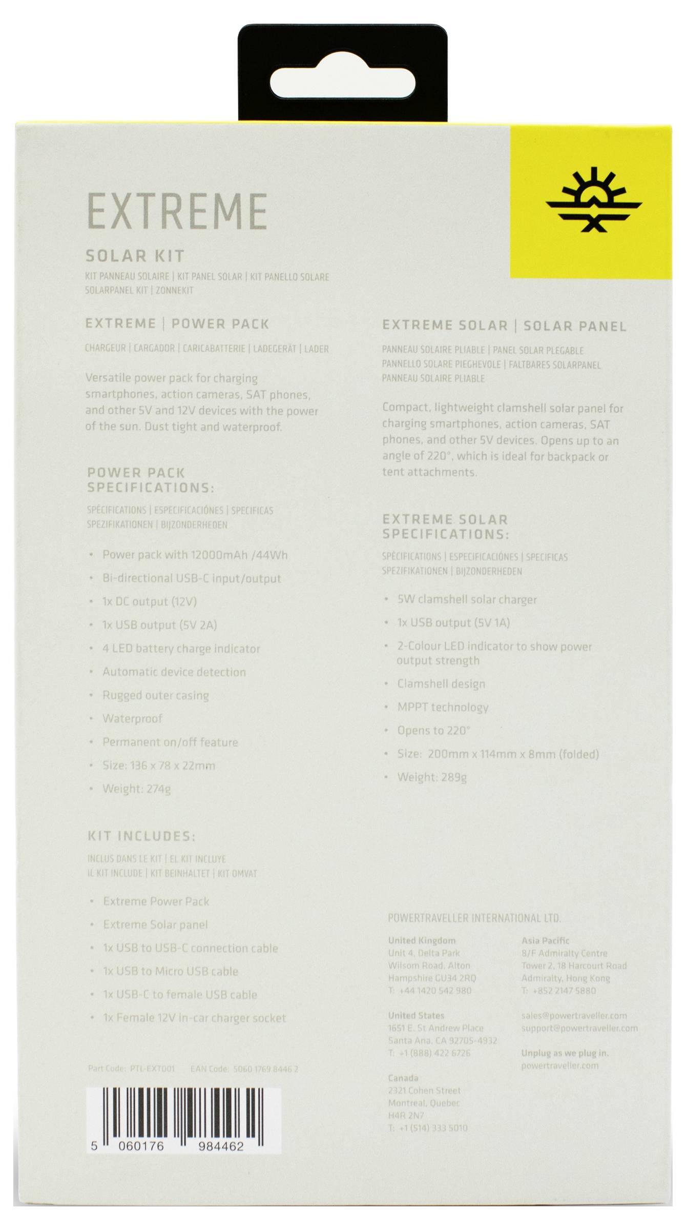'Extreme Solar Kit' packaging showing specifications for the power pack and solar panel, along with details of kit contents and features.