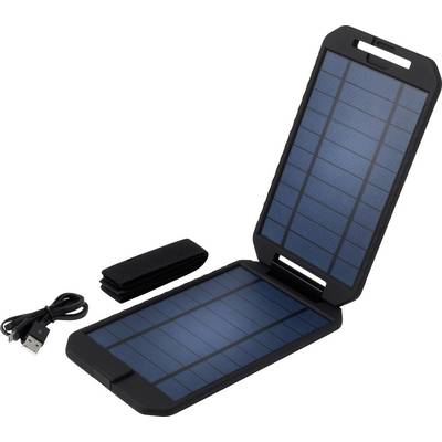 A foldable solar charger with blue solar panels, accompanied by a USB cable and a small black strap, placed on a white surface.