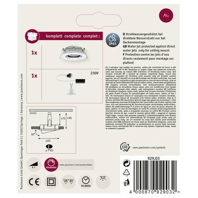 'Complete Ceiling Mounting Solution: 1x Mounting Frame, 1x Recessed Luminaire. Protection Against Spray Water (IP65). Voltage: 230V. Dimensions: Ø93mm, Mounting Depth 65mm.'