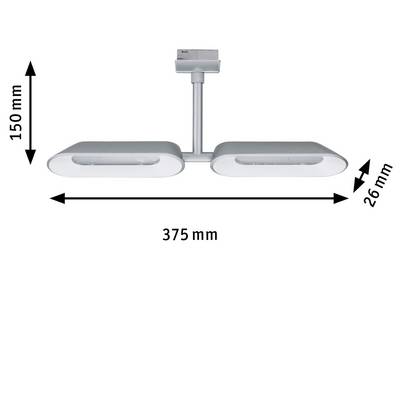 'Modern ceiling light with two lamps; Overall dimensions: height 150 mm, width 375 mm, depth 26 mm.'