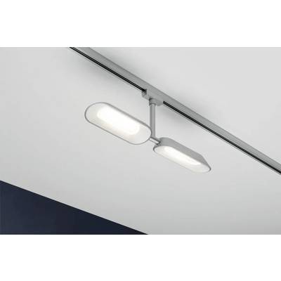 Ceiling light with two rectangular white LED lamps, mounted on a metal track in a modern, minimalist room.