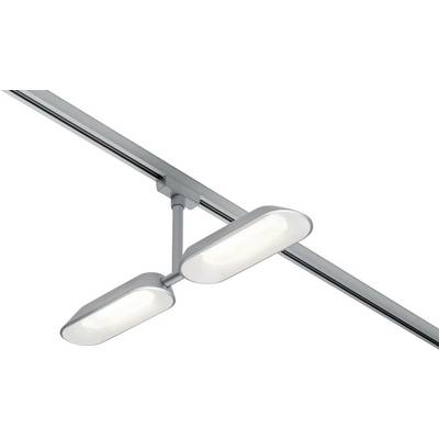 Silver rail system with two rectangular, pivoting LED lights. Minimalist design for modern interior spaces.