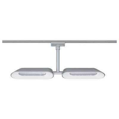 Modern, grey ceiling light with rectangular double lamps, mounted on a straight rail arm.
