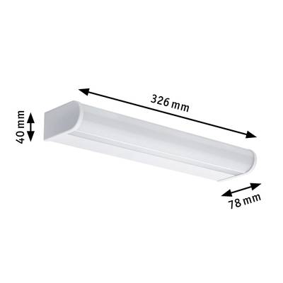 White, rectangular light fitting measuring 326 mm in length, 78 mm in width, 40 mm in height.