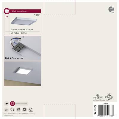 Square LED Ceiling Light 20W, 1500 Lumens, Quick Connector. Dimensions: 220x220mm. Image shows installation instructions.