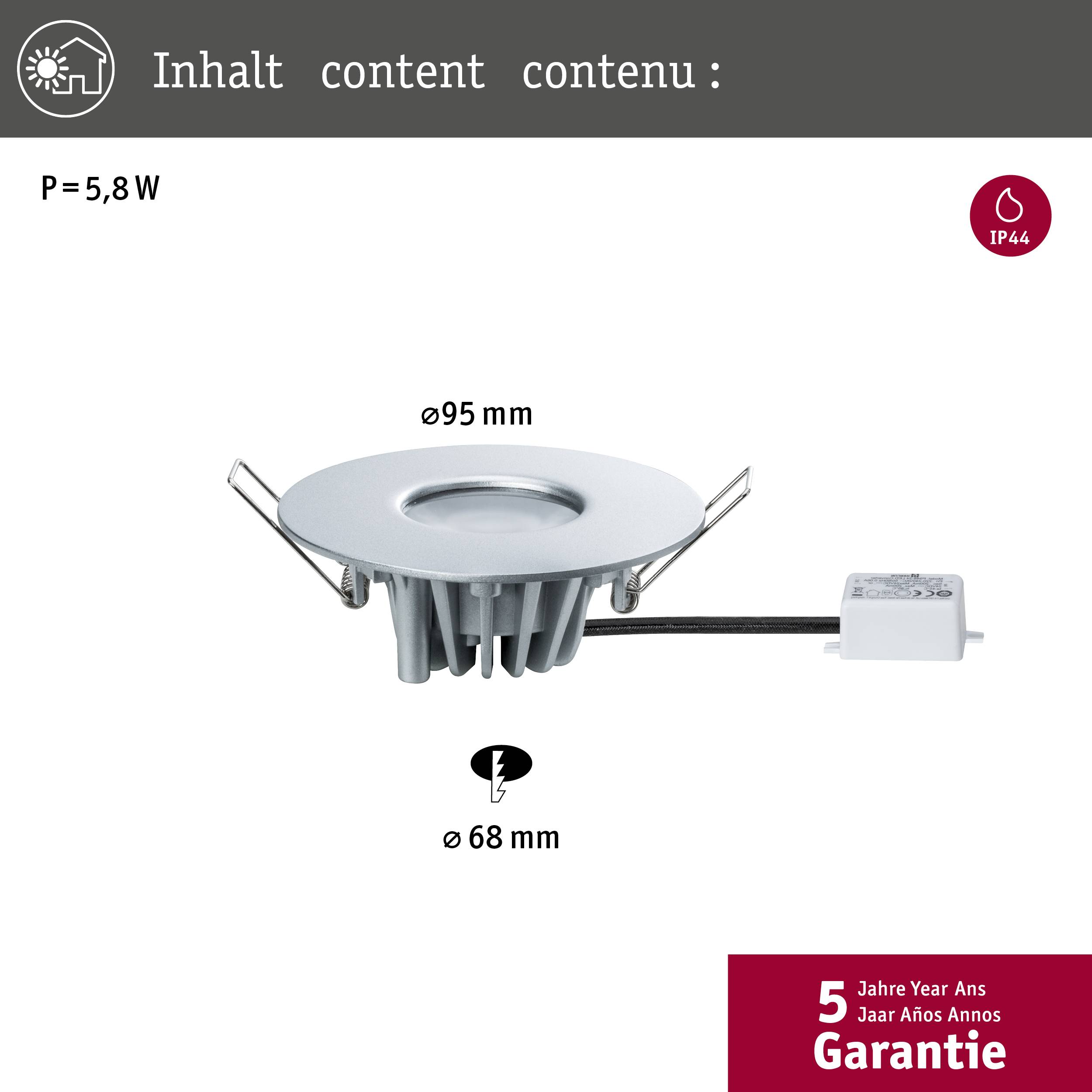 A silver LED recessed light with a diameter of 95 mm and a power output of 5.8 W. Marked with IP44 and 5 years' warranty.