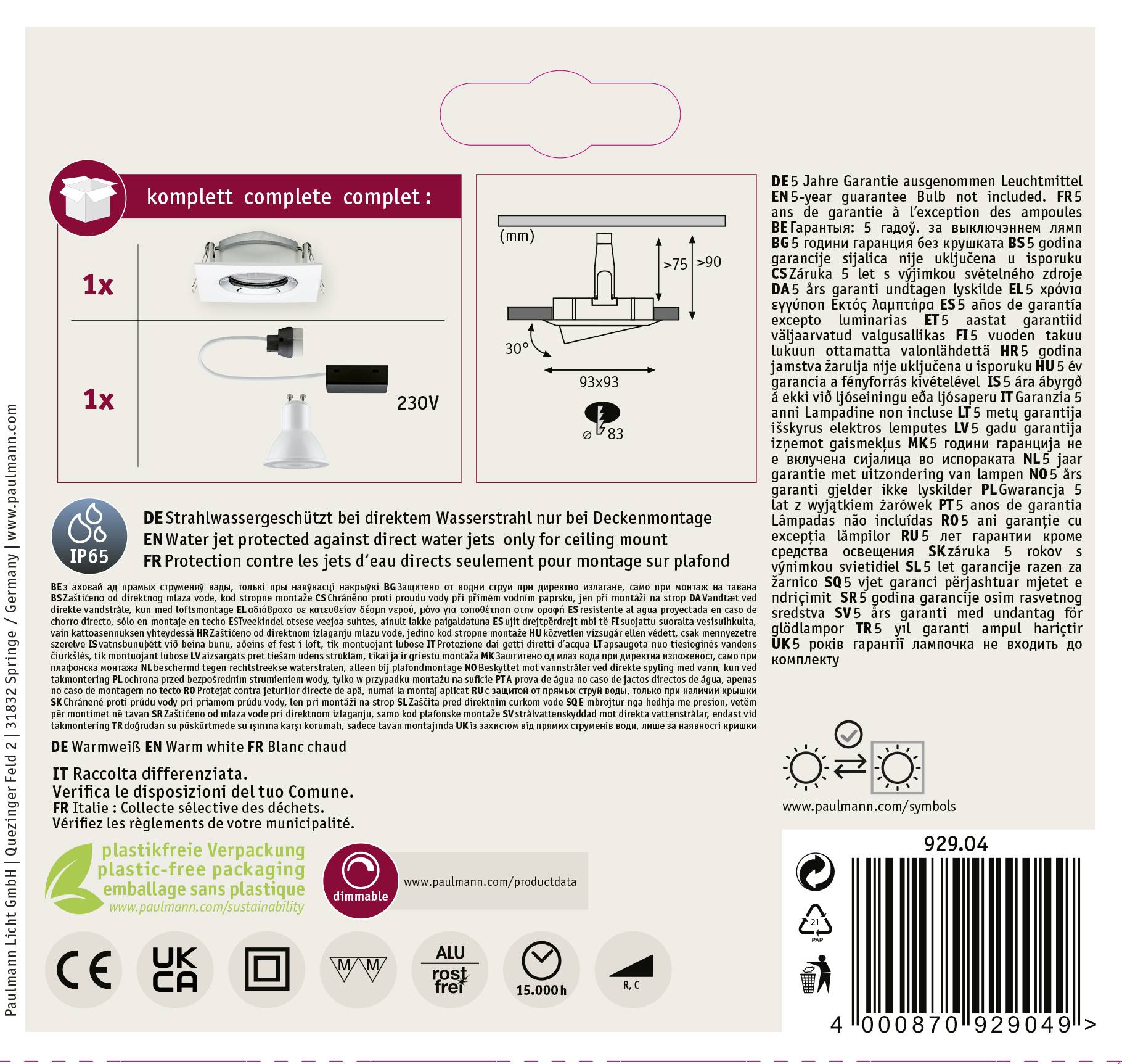 'Complete' package with a ceiling-mounted LED light, IP65 protection rating. Packaging made from plastic-free cardboard, supporting environmental protection.