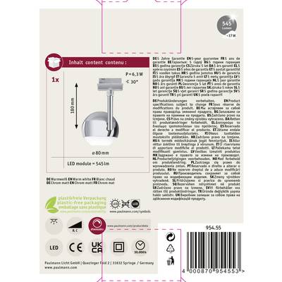 'LED lamp, E14 fitting, 545 lumens, 3 watts, 3000 Kelvin, height 180 mm. Contains guarantee information and safety warnings.'