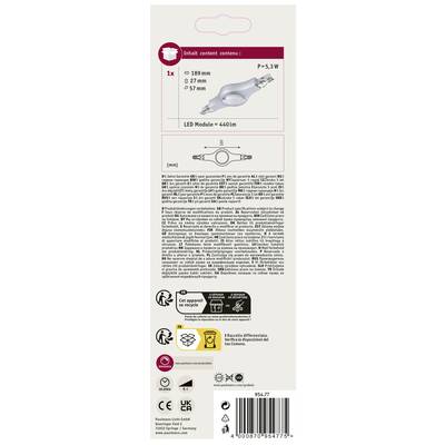 Packaging Reverse of an LED Lamp. Details: P=5.3W, Ø 57mm, LED Module=440lm. Product Contains 1x LED Light, Diagram Shows Installation Details.