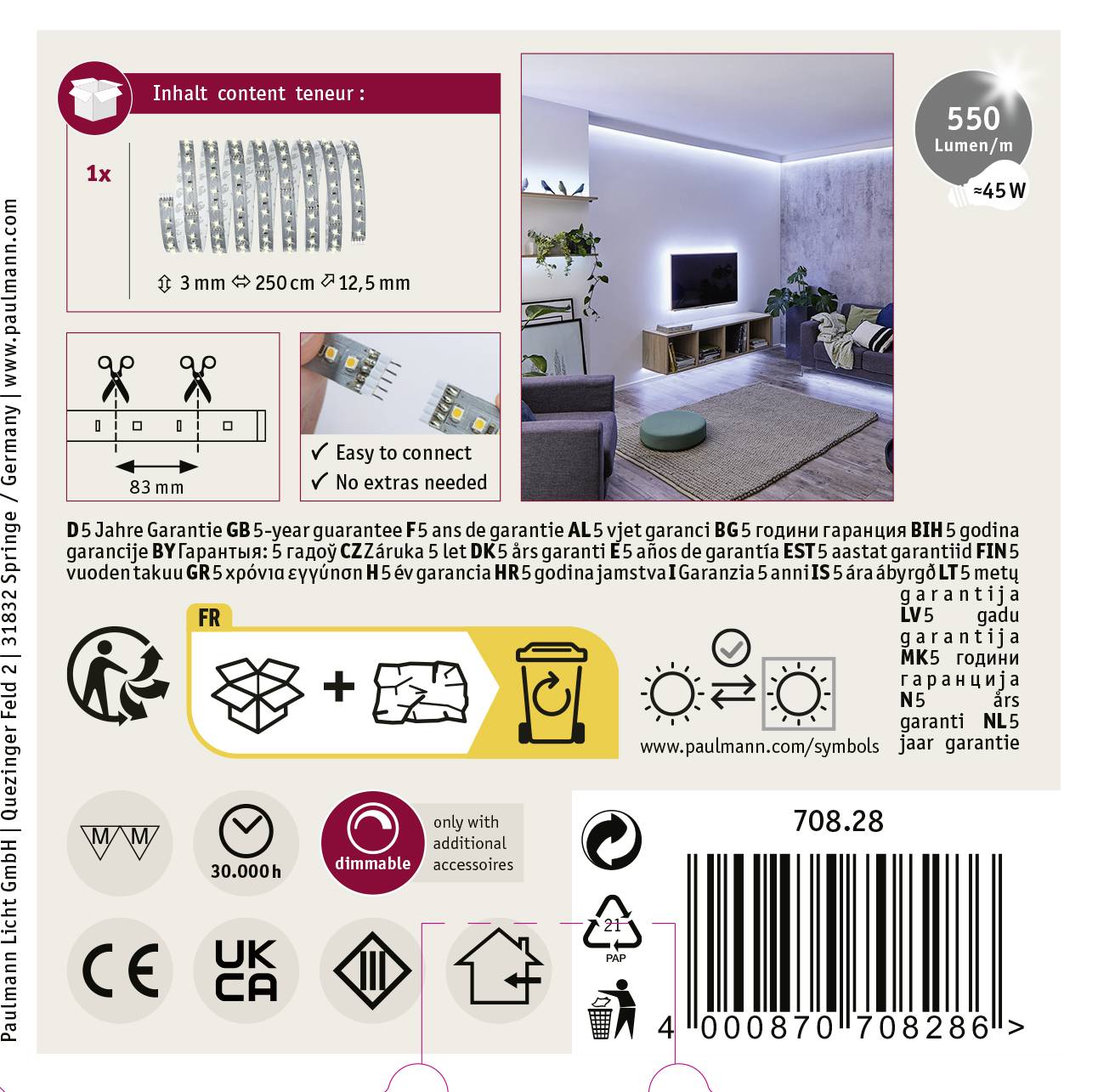 Contents: 1x LED strip, 3 mm x 250 cm, including accessories. Example application: LED strip in a modern, illuminated living room.