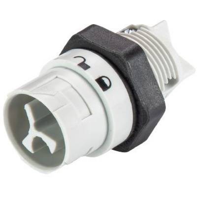 A grey plastic connector with a black ring, side-labelled with numbers. Suitable for pipe connections.