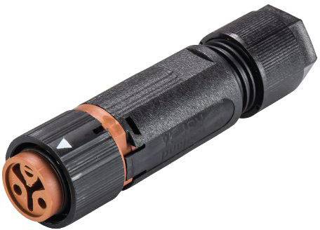 A black plug with an orange inner section. The plug has ribbed surfaces for improved grip.