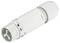 A white, cylindrical cable connector with a knurled screw thread for secure electrical connections.