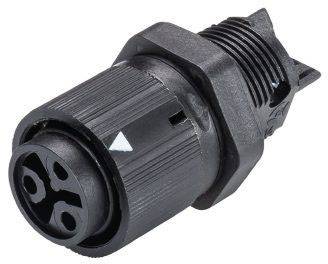 A black, round connector with knurled housing and threading, suitable for industrial or electronic connections.