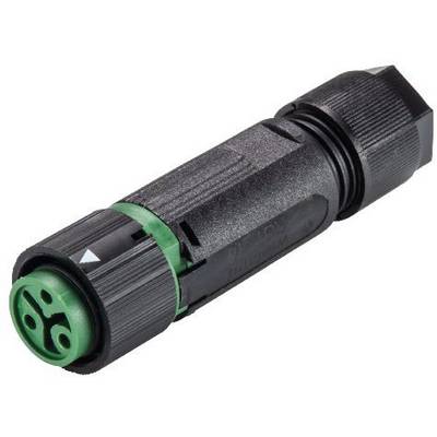 'Electrical socket connector with four holes, black housing and green elements.'