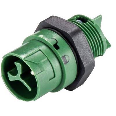 A green plastic component with a screw thread and black hexagonal head at one end. Likely a technical element or sensor.