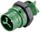 A green plastic component with a screw thread and black hexagonal head at one end. Likely a technical element or sensor.