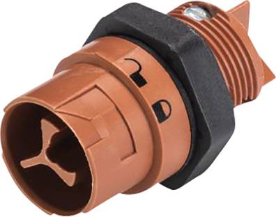 An orange plastic adapter with a threaded screw and black sealing ring, possibly part of a connection system.