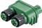 Green electrical adapter with two black socket connections, suitable for industrial applications and outdoor use.
