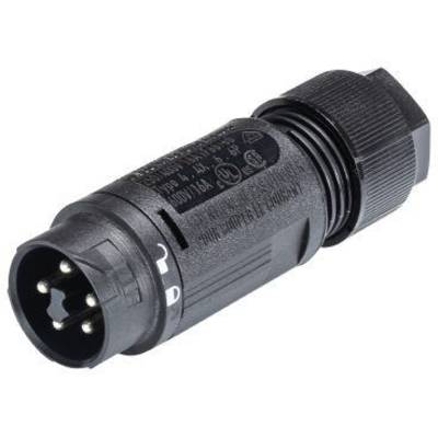 Black electrical multi-pin connector, suitable for industrial or technical applications.