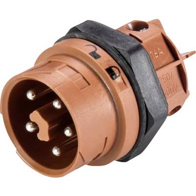 'Red, round industrial electrical plug with six silver contact pins and black sealing ring.'