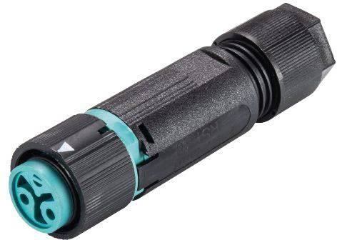 Round connector with black housing and turquoise-coloured end. Used for electrical connections.