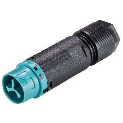 'A black and turquoise plastic connector, suitable for connecting cables in technical installations.'