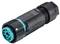 'Circular electrical connector with black and turquoise housing, suitable for industrial applications, robust and waterproof.'
