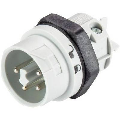 A white, three-pin plug with a black ring at the base. The plug has metallic contact pins and screws on the side.