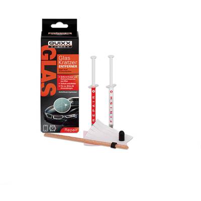 'QUIXX Glass Scratch Remover' Kit consisting of two syringes, cloths and tools to repair scratches on car windscreens.