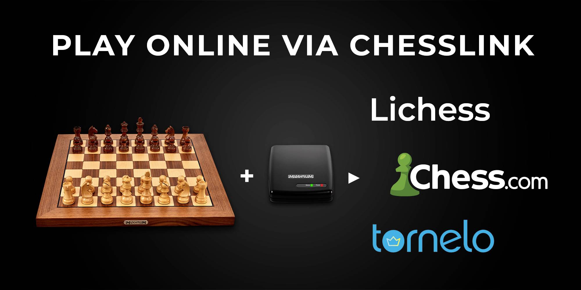 'Play online via Chesslink: Lichess, Chess.com, Tornelo.' A chessboard and an electronic device are shown.