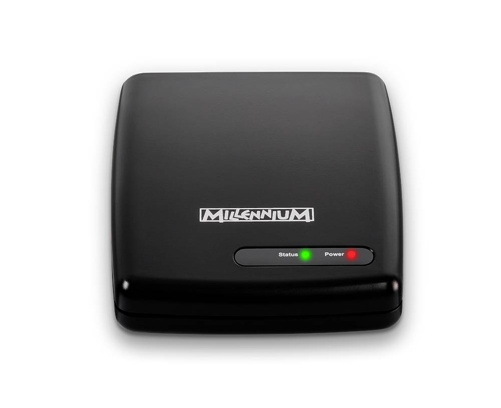 Black, compact device with two lights: green 'Status' and red 'Power'. Case inscription: 'Millennium'.