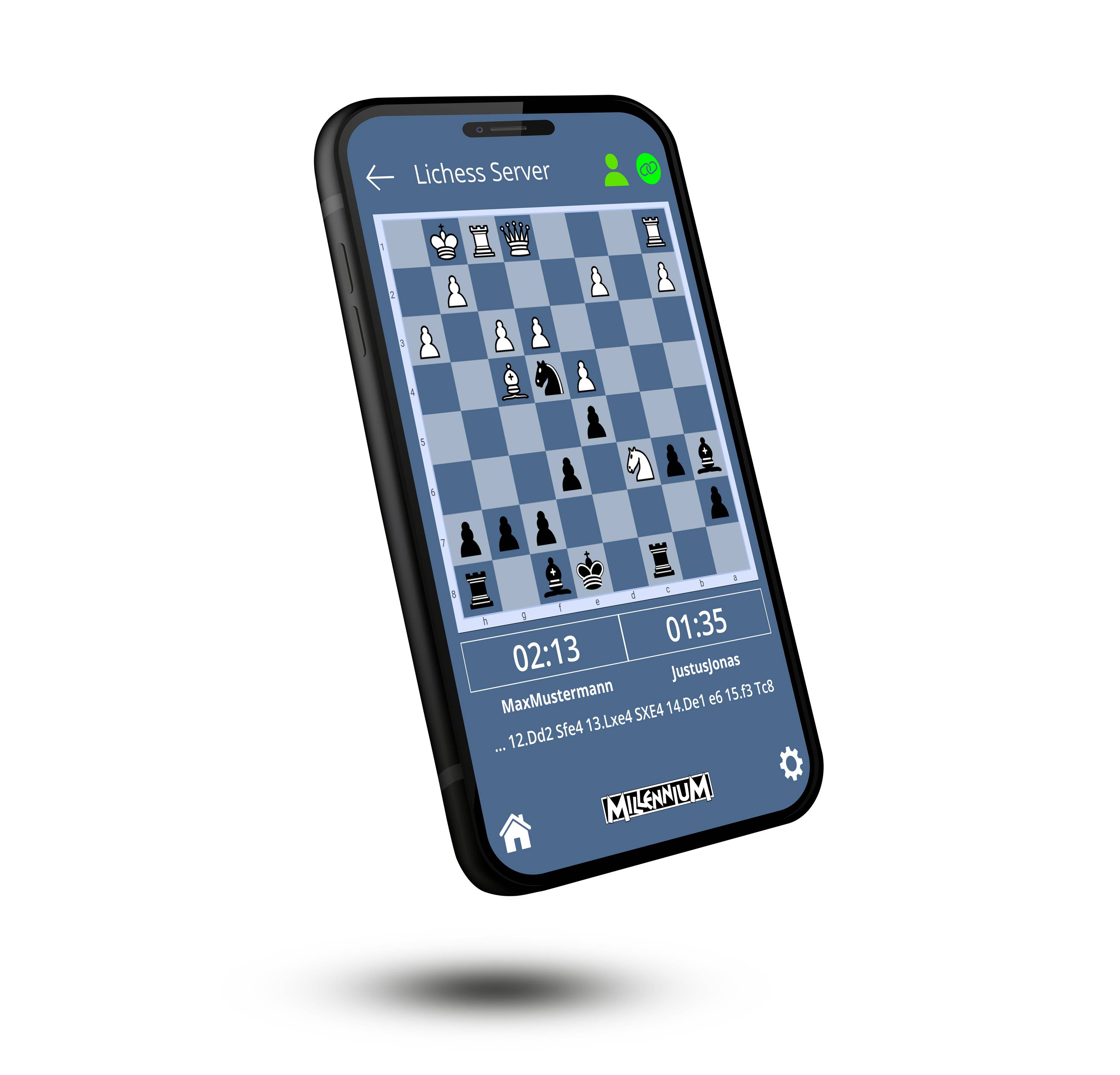 Mobile screen shows a chess game on the 'Lichess Server' between two players, with remaining time: 02:13 and 01:35.