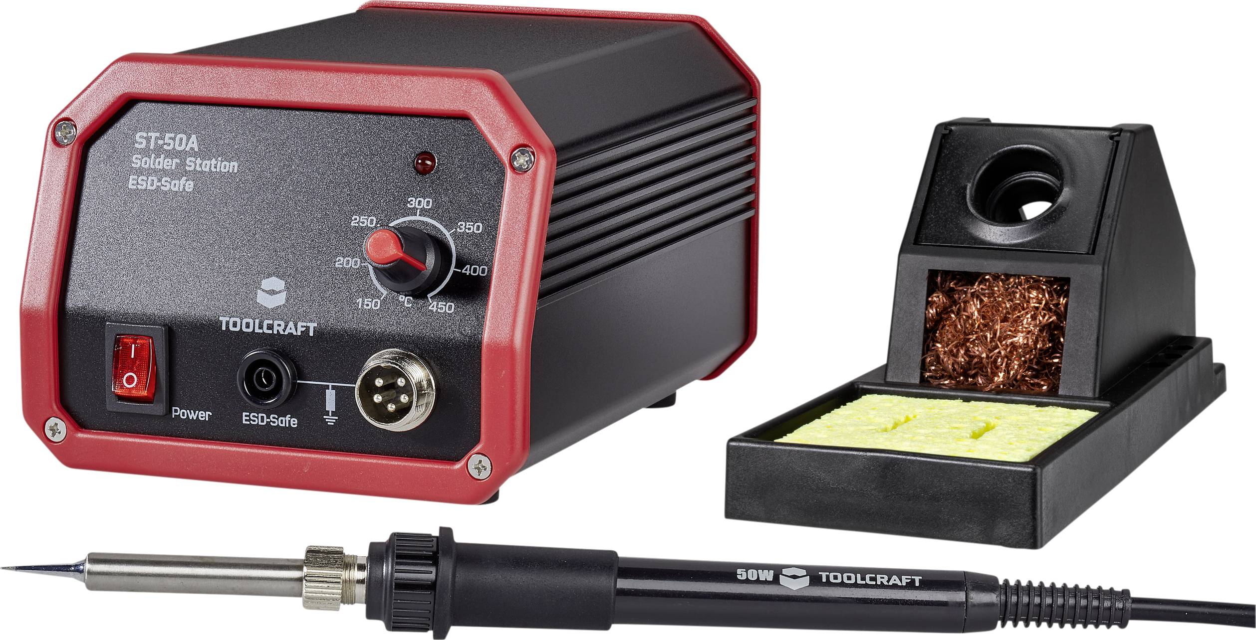 'Soldering station with temperature control, soldering iron and cleaning unit. Suitable for precision work on electronic components.'