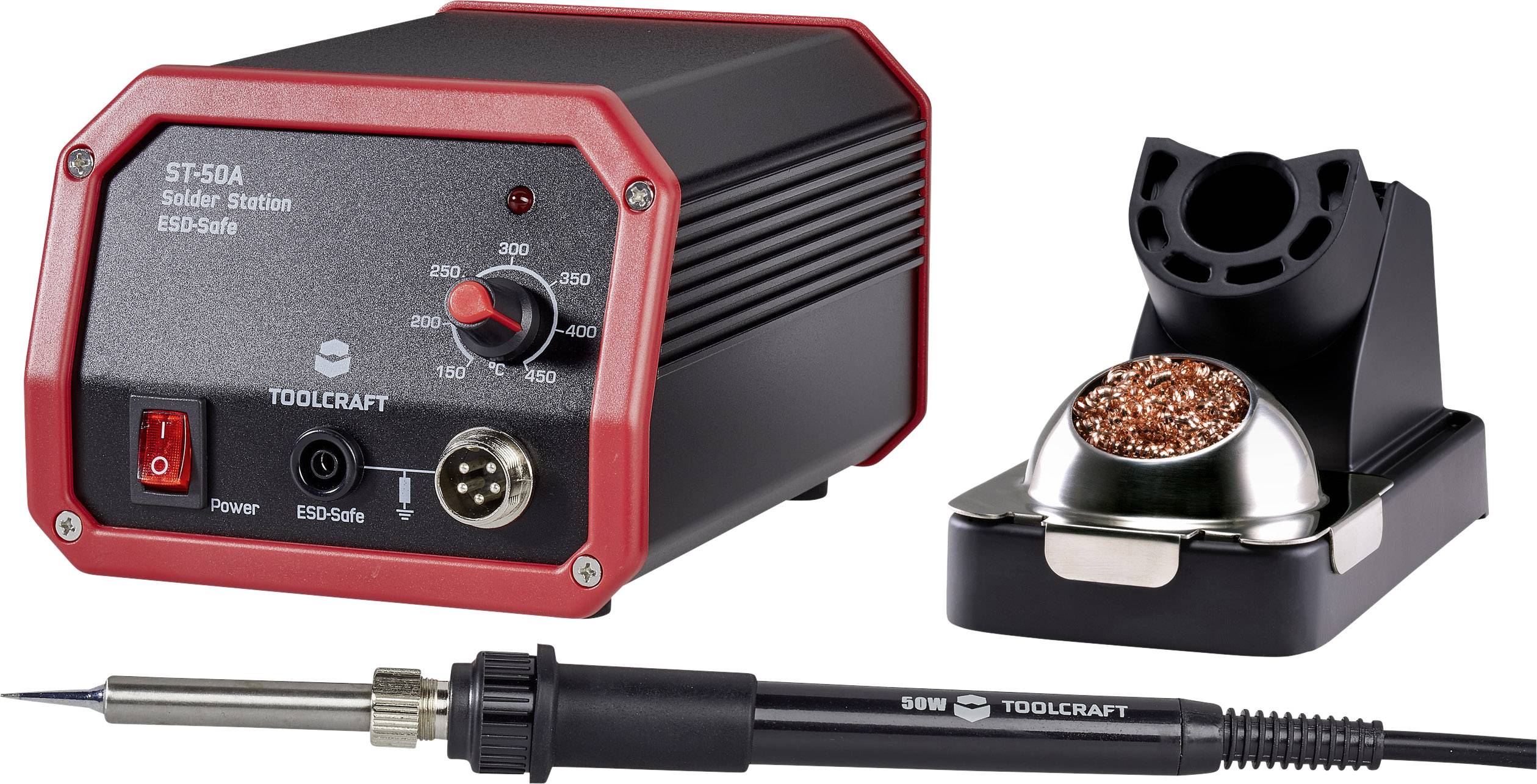 Soldering station with temperature control knob, soldering iron, stand and cleaning sponge. Brand 'Toolcraft', Model 'ST-50A'.