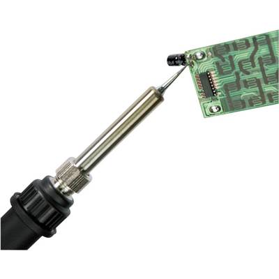 A soldering iron touches a circuit board, with electronic components visible.