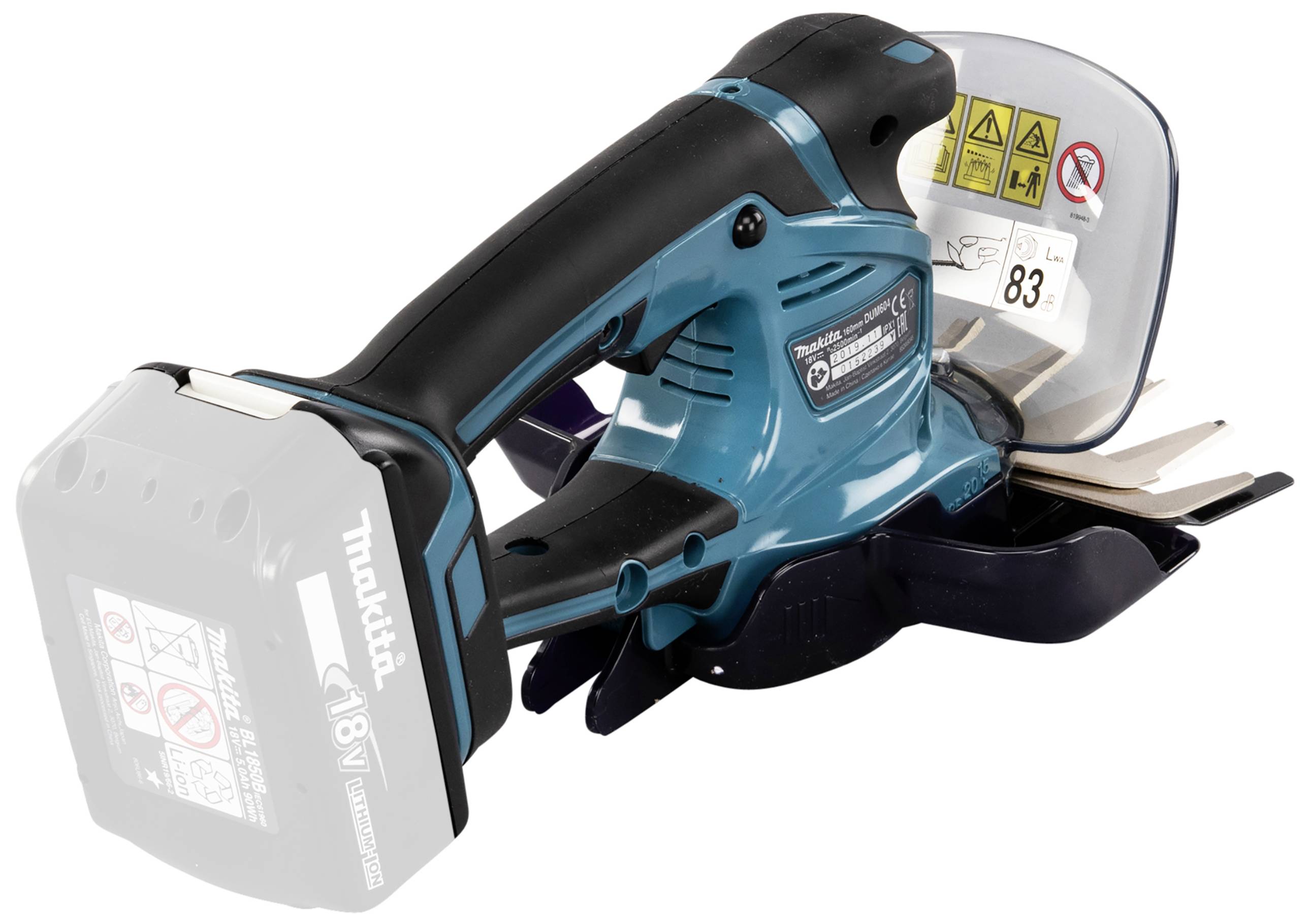 A navy blue and black electric saw tool with labels, lying on a white background. It is intended for tradespeople.