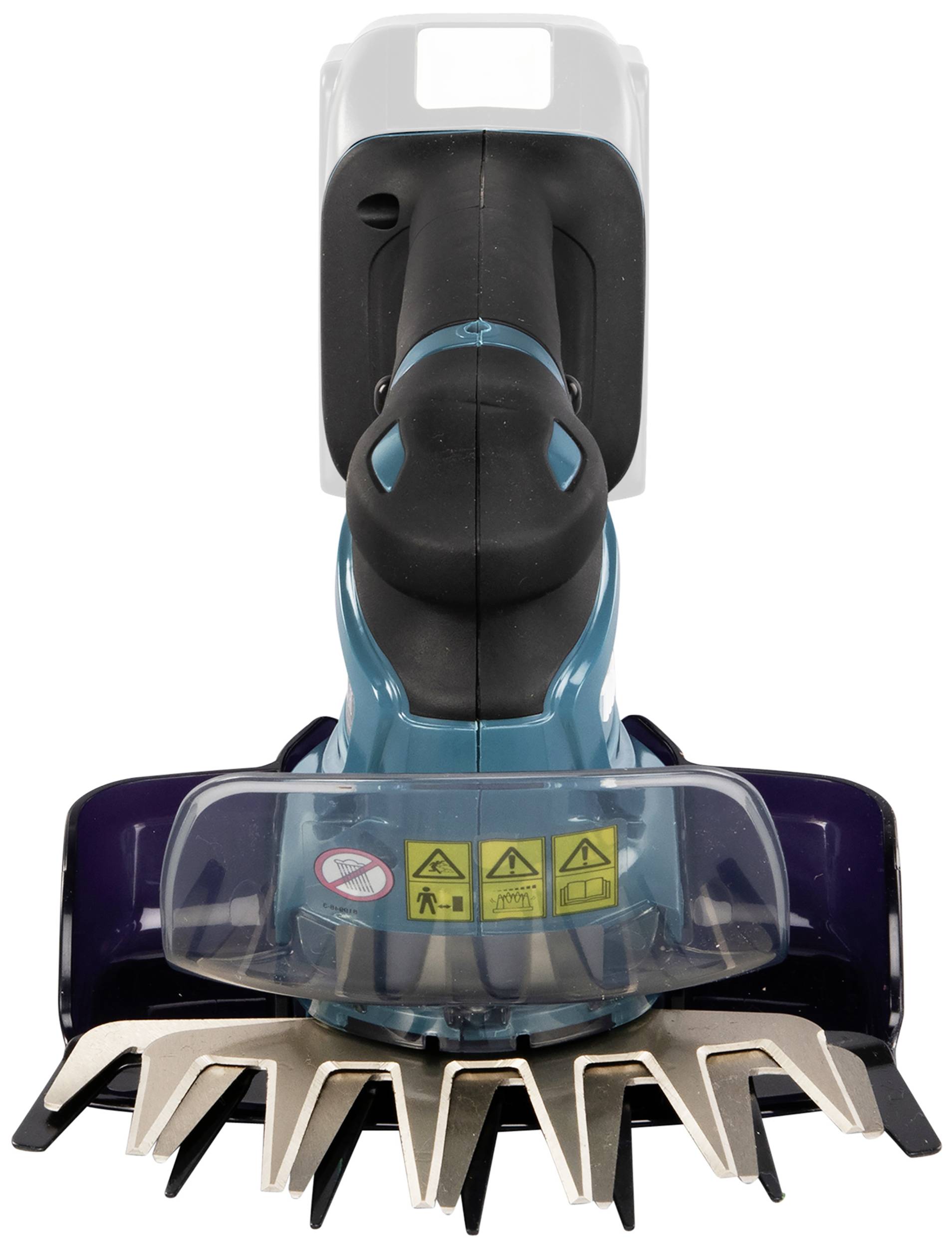 Electric hedge trimmer with a grey handle and blue accents, safety stickers are visible on the protective shield.