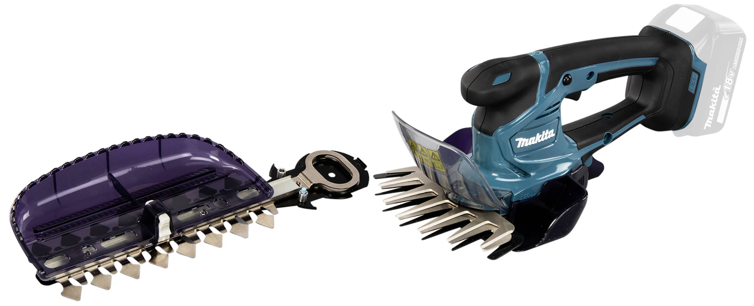 A blue, cordless garden tool with interchangeable blade; on the left a hedge trimmer attachment, on the right a lawn blade attachment.