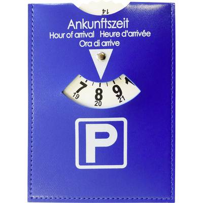 Blue parking disc with 'Ankunftszeit' at top and adjustable time dial set to 8:00. Displayed in multiple languages, with parking symbol.