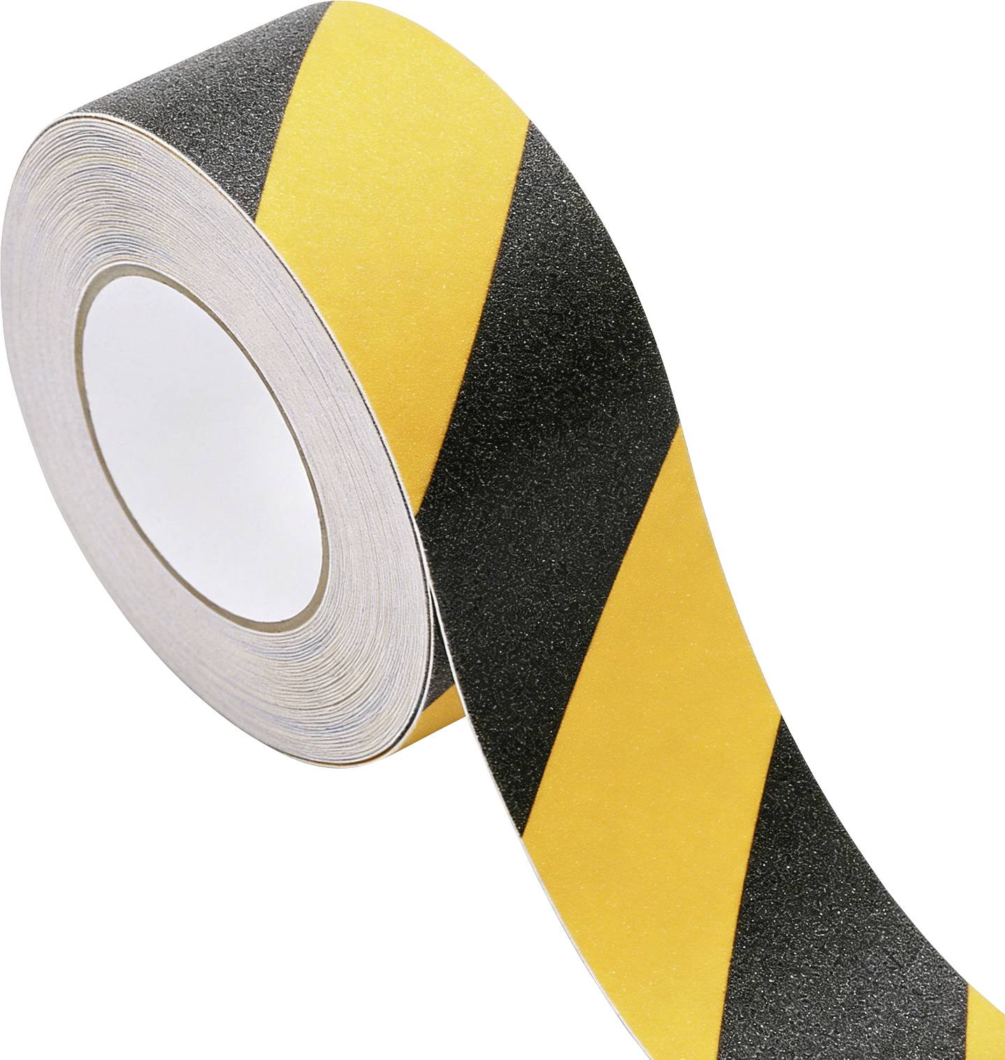 A roll of caution tape with alternating black and yellow diagonal stripes, used for marking hazards or restricted areas.