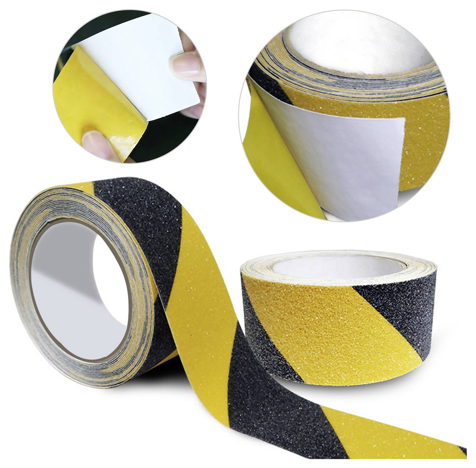 A roll of black and yellow striped anti-slip tape. Insets show the tape being peeled back to reveal adhesive backing.