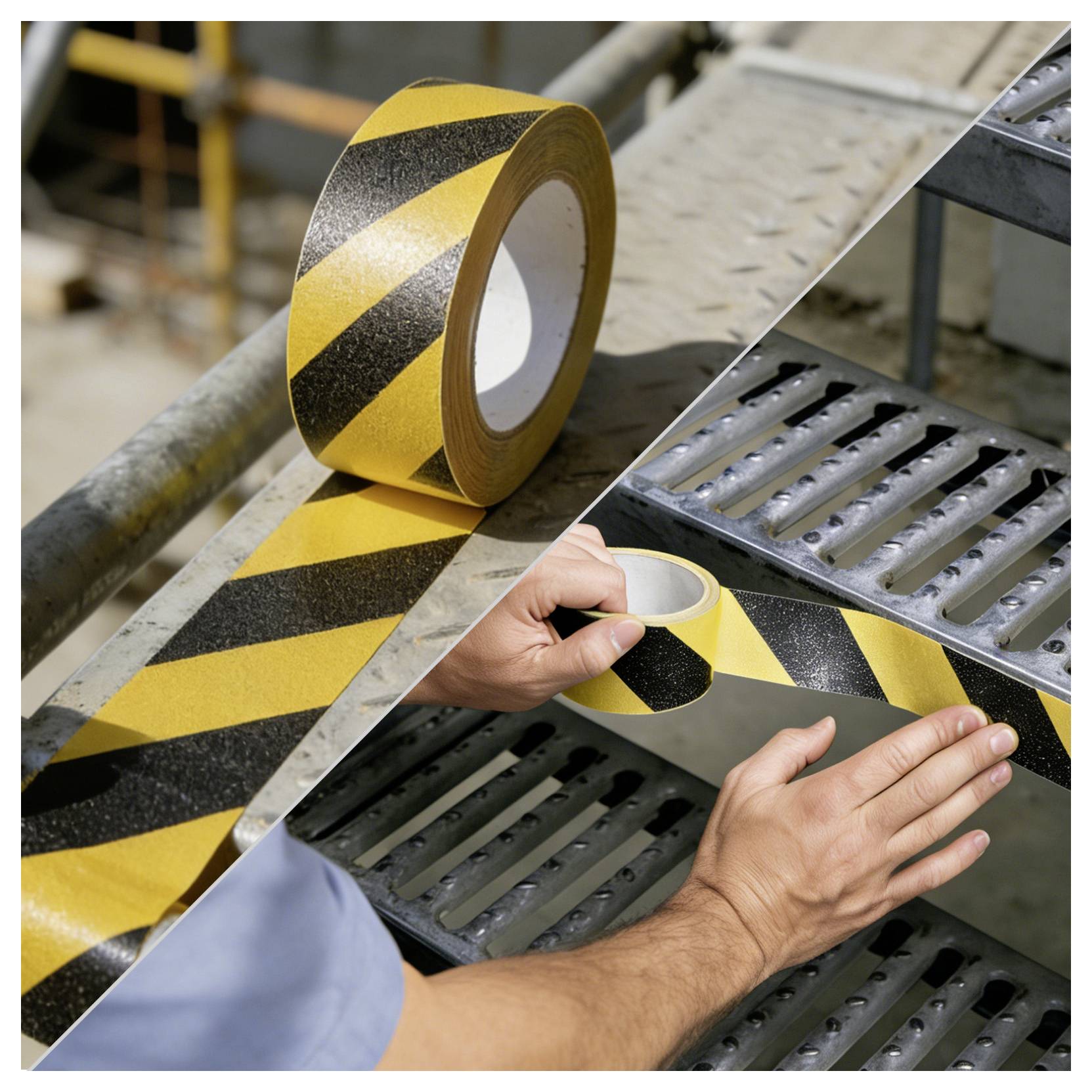 'A hand applies yellow and black caution tape to a metal staircase, ensuring safety and visibility on industrial steps.'