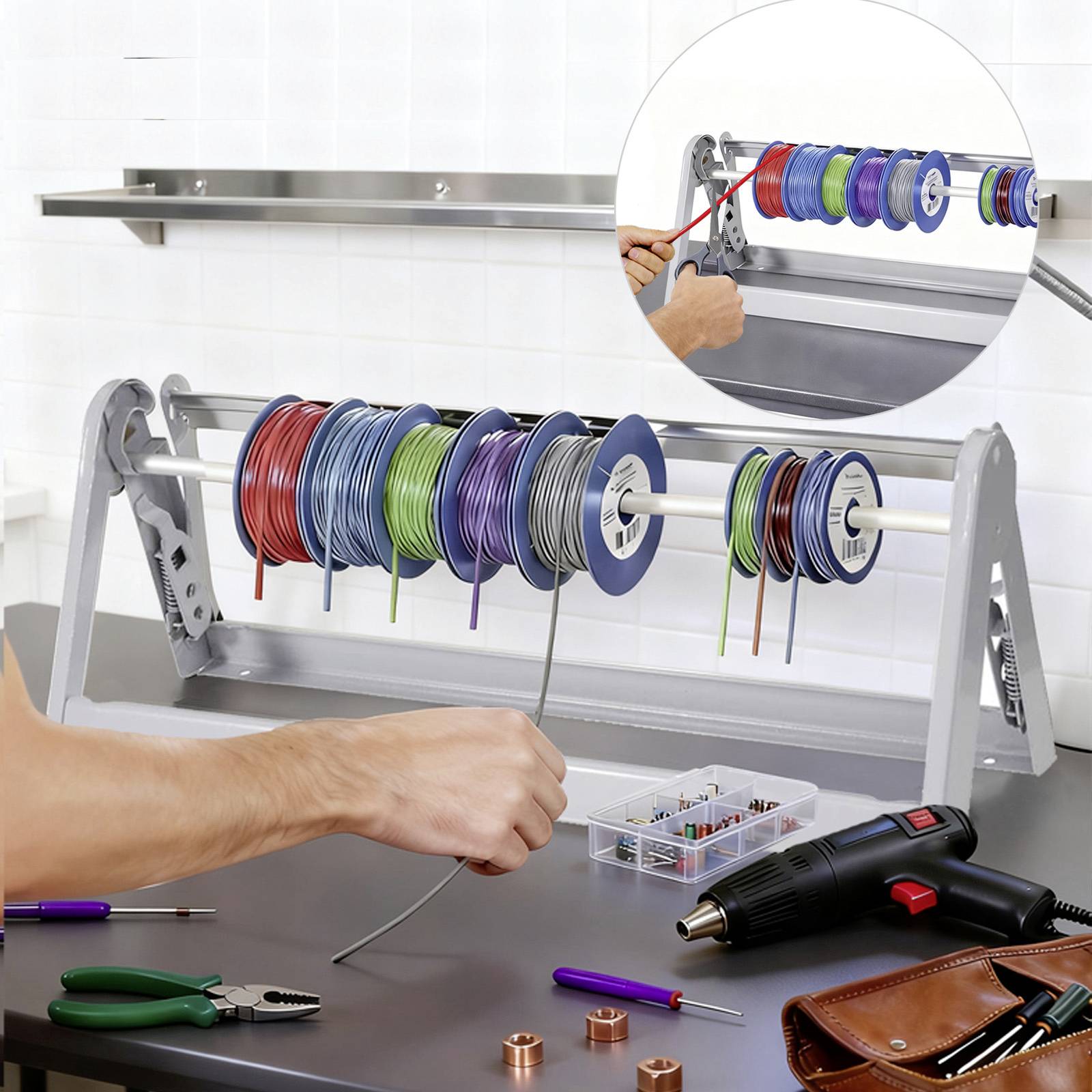A person measures a cable from a spool stand holding various colored wires, with tools and a small storage box nearby on a workbench.