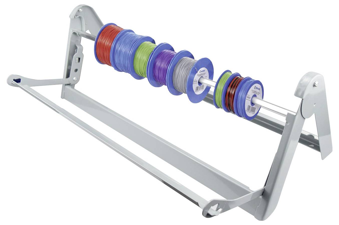 A rack holding multiple spools of colorful wire, arranged neatly, showcasing a variety of colors for organization or storage.
