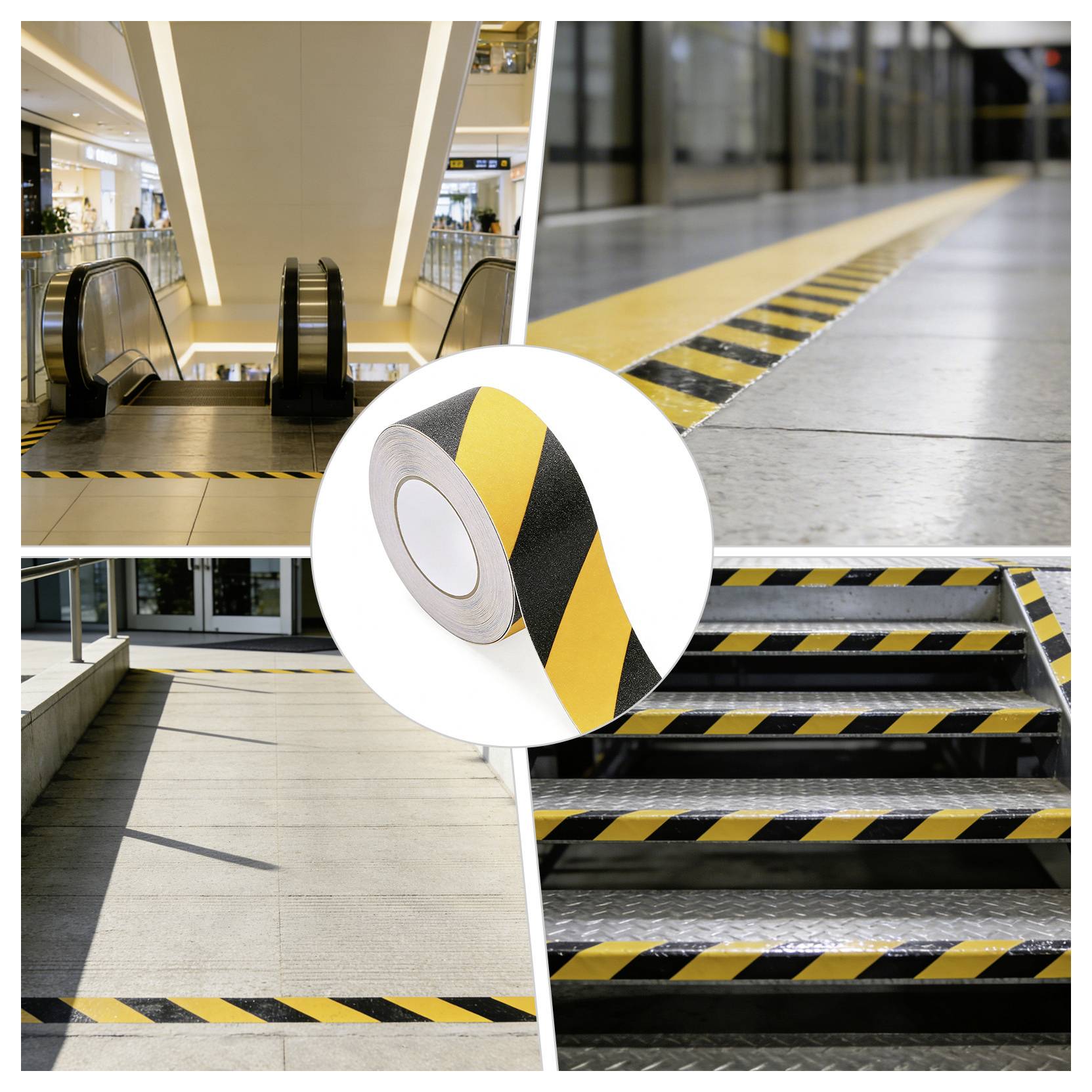 'Collage of various areas marked with black-yellow caution tape, including an escalator, floor, stairs, and a roll of the tape.'