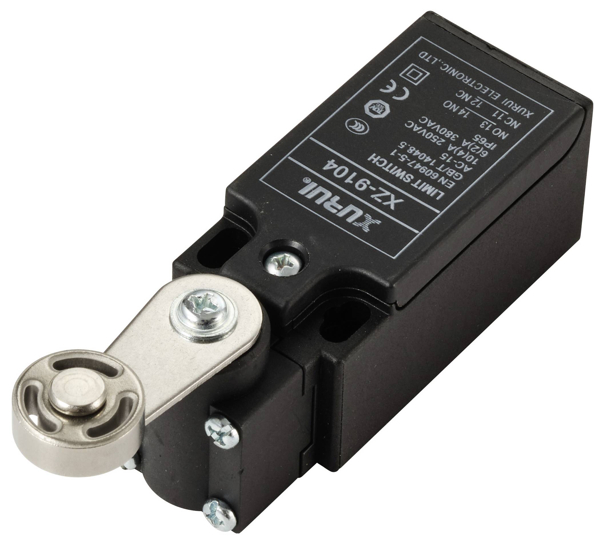 Black position switch with lever arm and metal roller, model 'XZ-9104', with technical specifications on the housing surface.