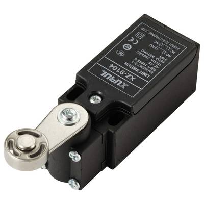 Black position switch with lever arm and metal roller, model 'XZ-9104', with technical specifications on the housing surface.