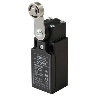 'XZURUI XZ-9104 Limit Switch' with lever arm. Specifications: EU standard EN60947-5-1, IP65, 380VAC max. Manufacturer: XURUI ELECTRONIC.LTD.